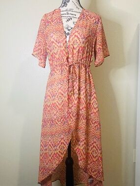 Pink Multi-Print V-Neck Swim Coverup with Drawstring Waist